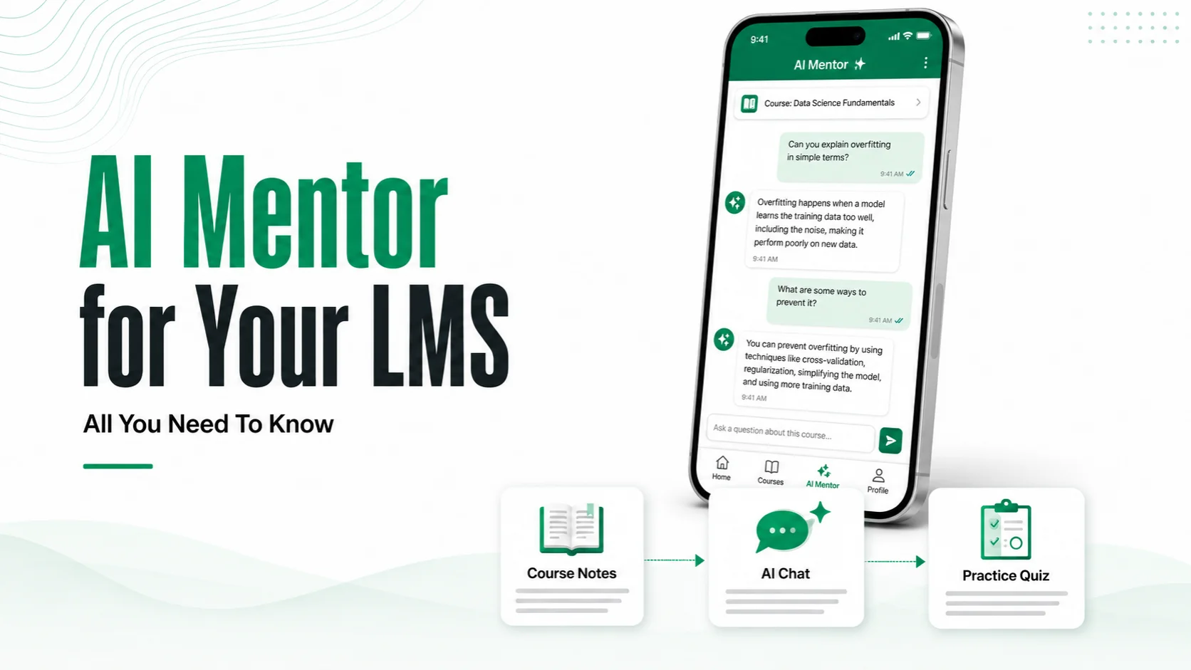 AI mentor in an LMS mobile app with connected course notes, AI chat, and practice quiz cards