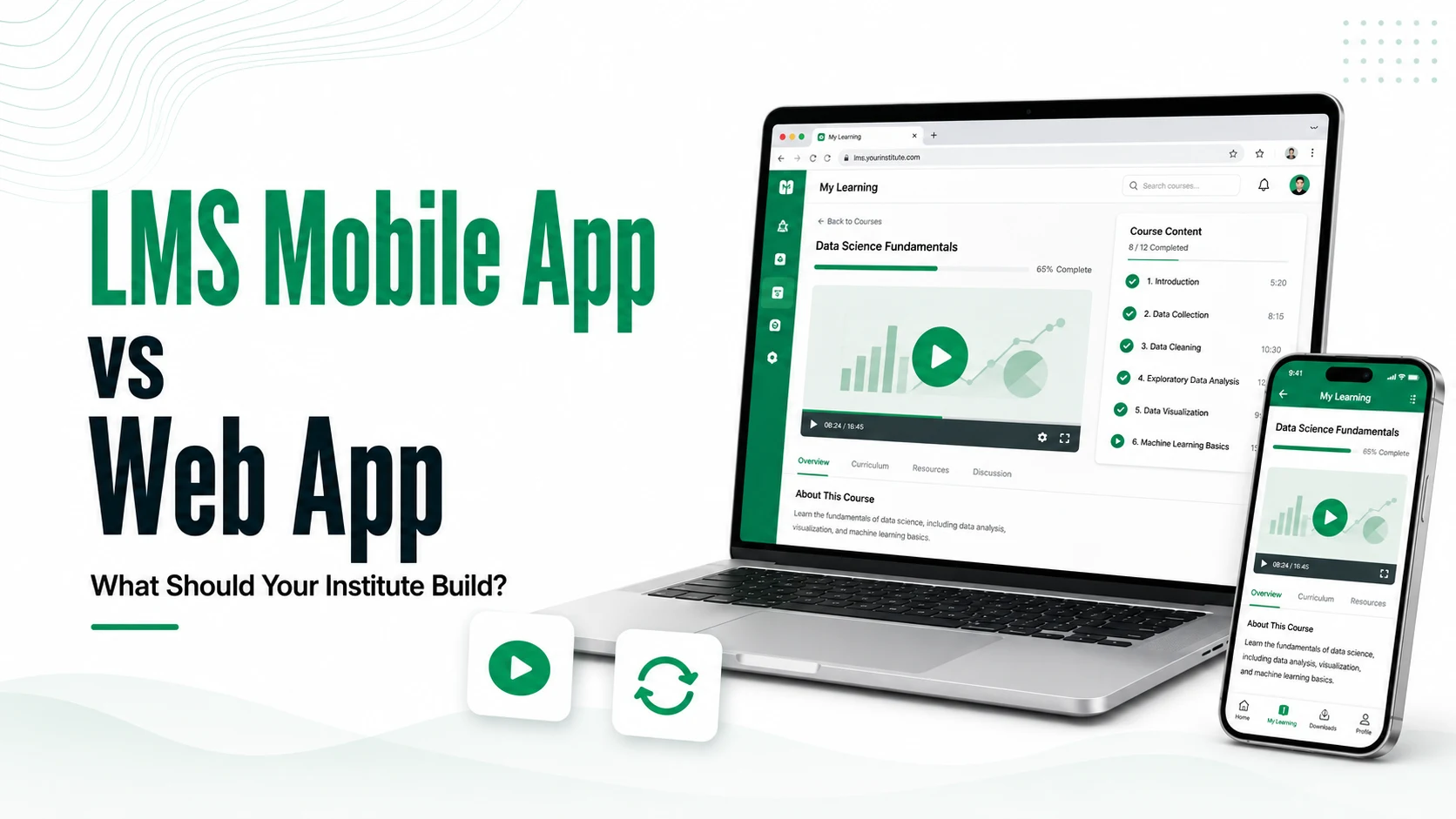 LMS mobile app and web app shown on a smartphone and laptop with connected learning features