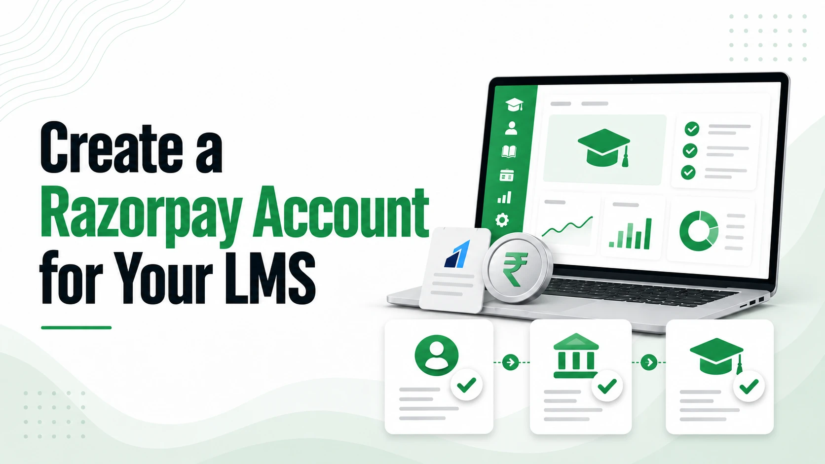 Create a Razorpay Account for Your LMS headline beside an LMS laptop and identity, bank verification, and course access cards