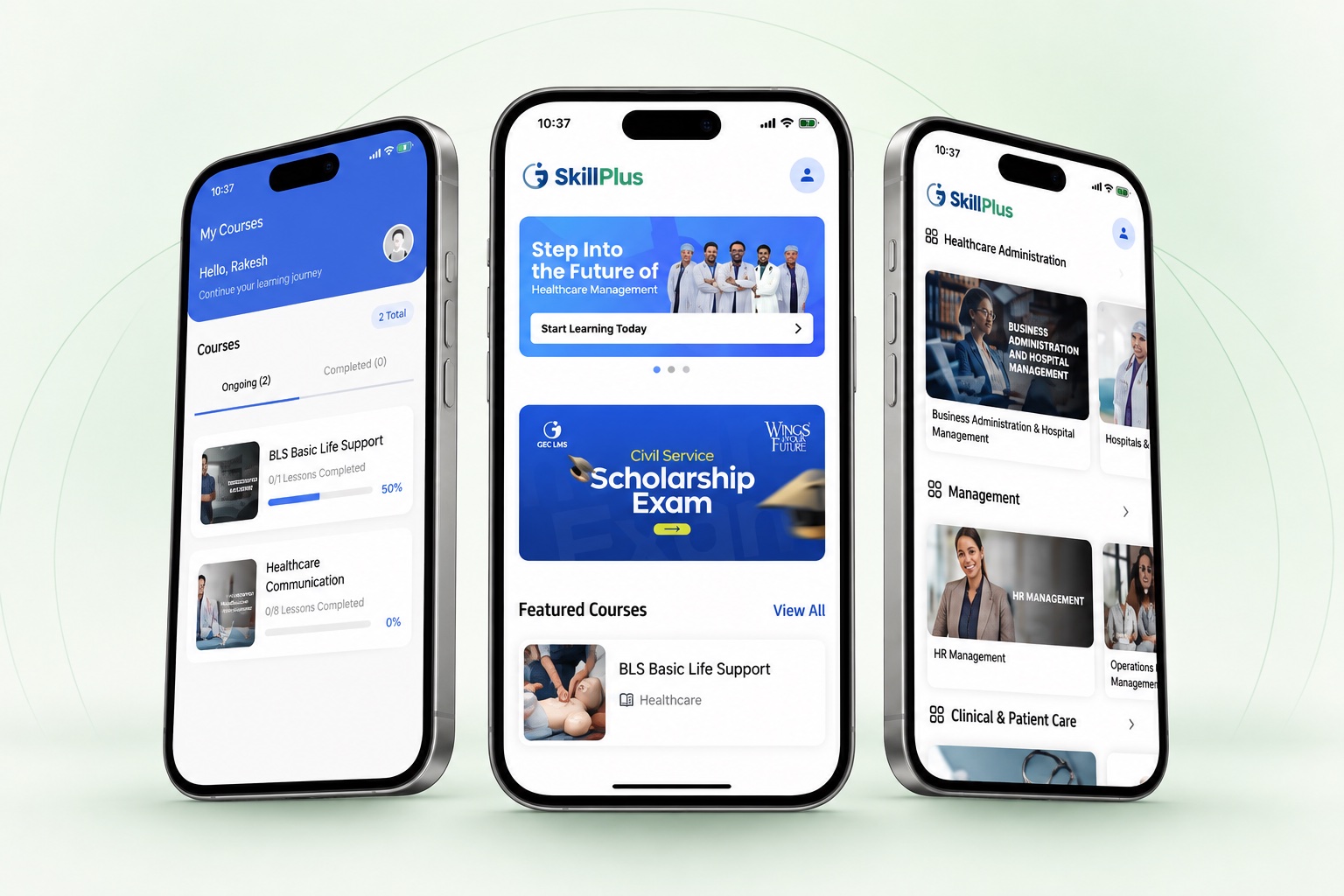 Illustrated SkillPlus learning app mockup showing courses and progress on three phones