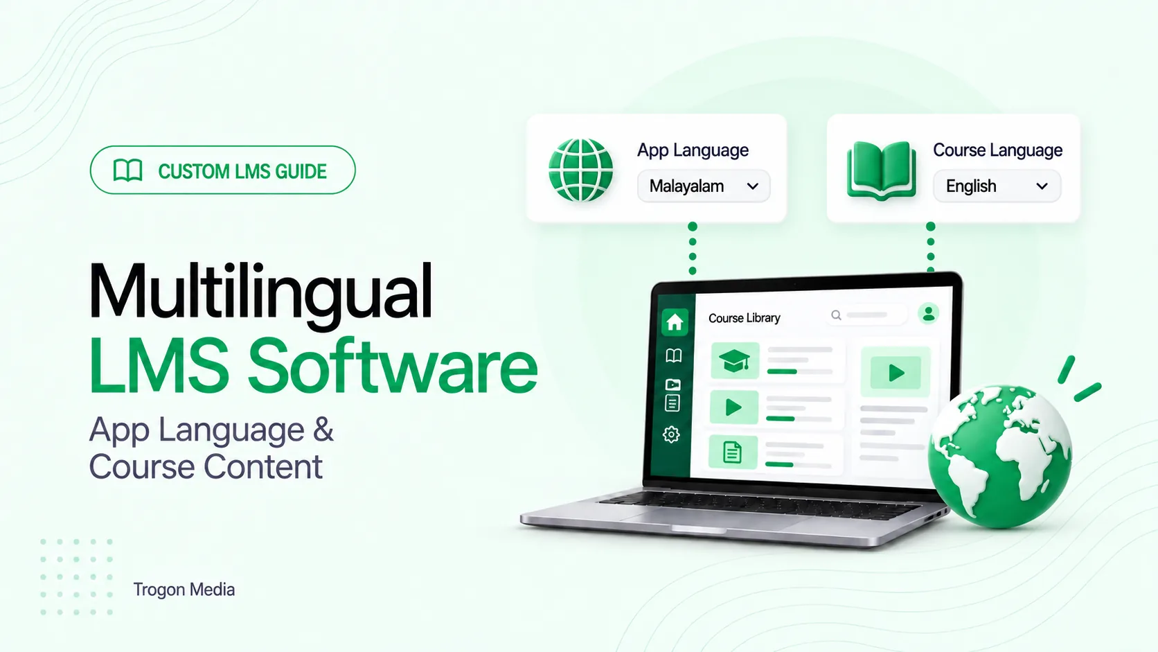Multilingual LMS Software headline beside a green learning dashboard with separate App Language set to Malayalam and Course Language set to English, and a globe