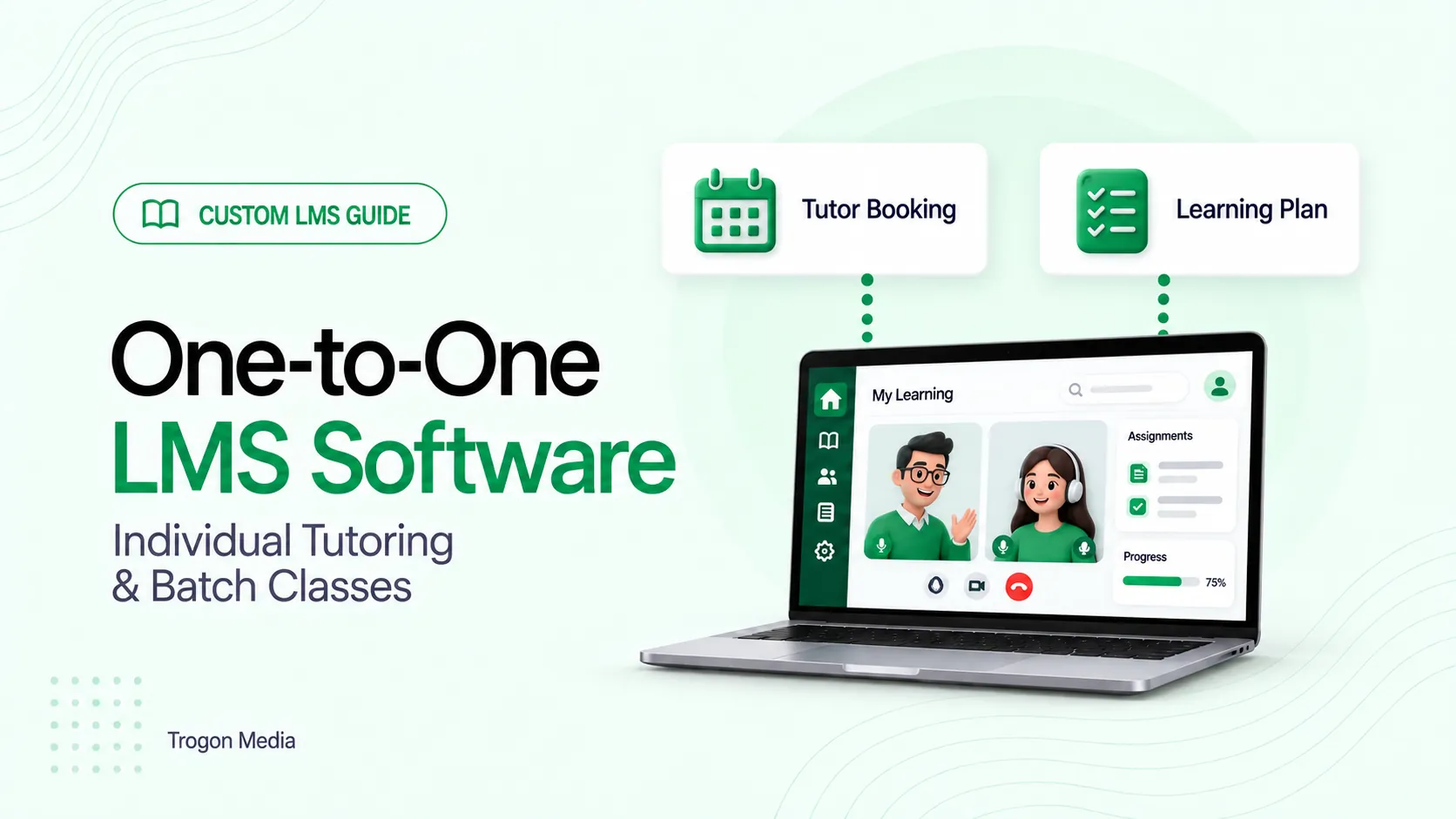 One-to-One LMS Software headline beside a green laptop showing a tutor and student in a video lesson, connected to Tutor Booking and Learning Plan cards